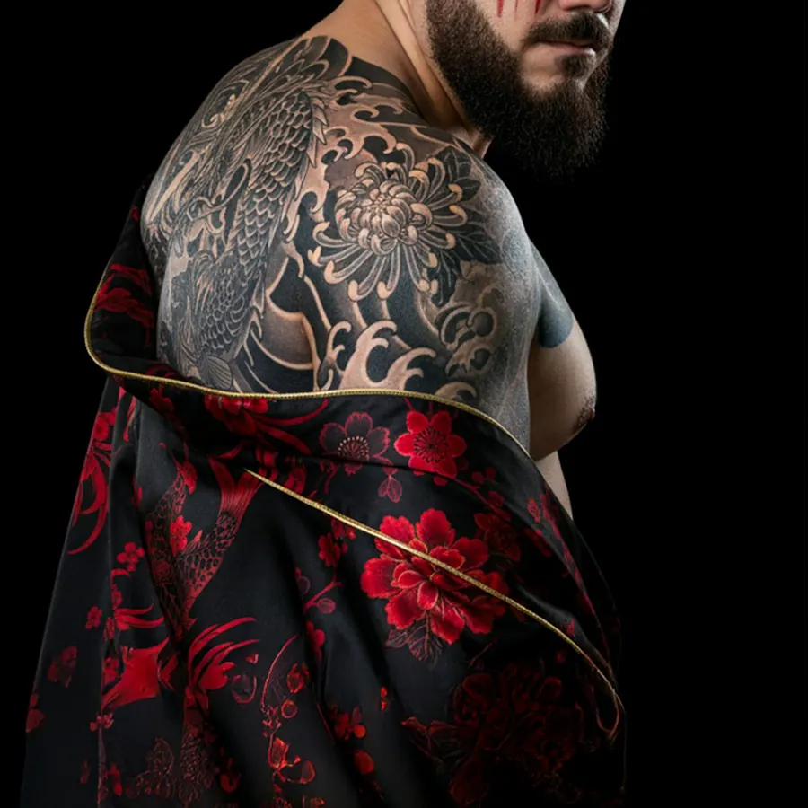 Ombro e braço fechados com tatuagem japonesa em preto e cinza